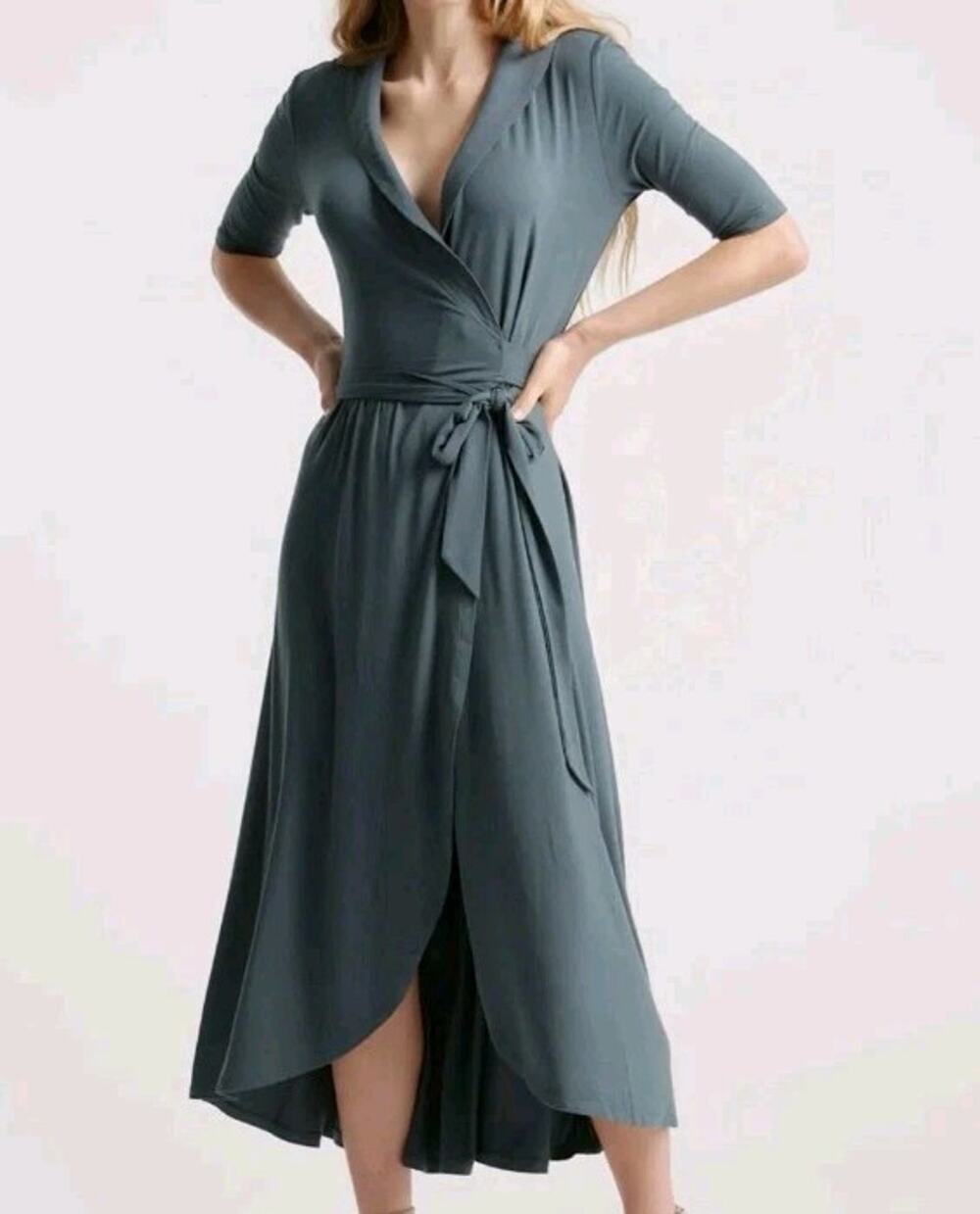 NWT Quince 3X Tencel Jersey Dark Olive Green Belted Midi Wrap Dress